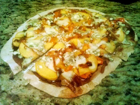 Pizza of Peaches, Tomatoes, Caramelized Onions & Cheese